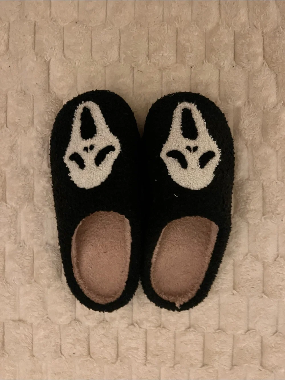 Mens Black Fuzzy Slip-On Shoes with White Mask Design
